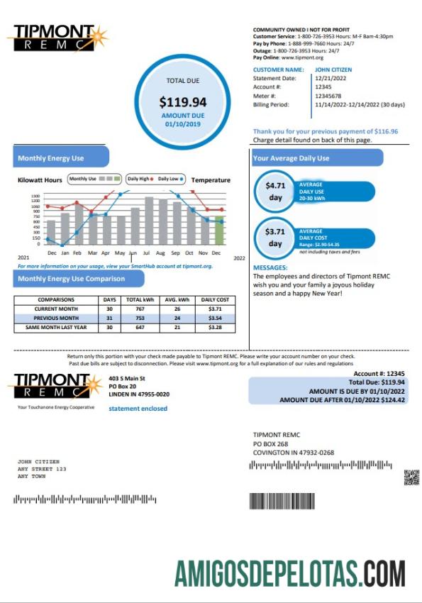 Em branco modelo de conta de serviços públicos Indiana Tipmont dos EUA em formato Word e PDF